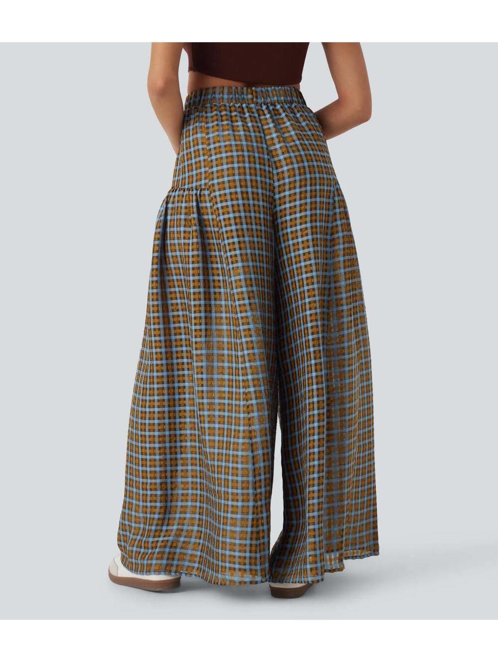 Halara High Waisted Pocket Wide Leg Flowy Plaid Casual Pants Blue Brown Size L - Picture 2 of 9